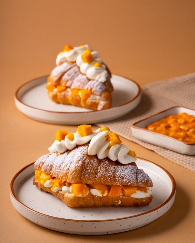 Cream-filled pastries photographed against a warm orange background